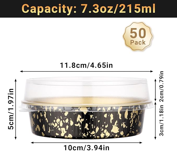 Beasea 4 Inch Pie Tins with Lids, 50 Pack 7.3 Oz Disposable Mini Tart Tins, Aluminum Foil Baking Tins Small Round Muffin Container Mini Cheesecake Cups for Pie Tart Quiche - Black Gold Speckles