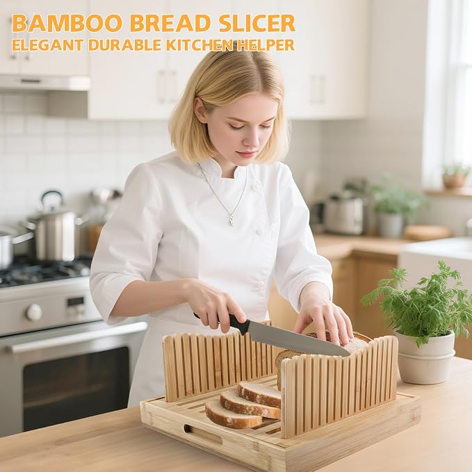 Foldable Bamboo Bread Slicer Tray with Crumb Collector & Adjustable Guide - for Perfectly Even Slices of Homemade, Sourdough & Sandwich Bread (Knife Not Included)