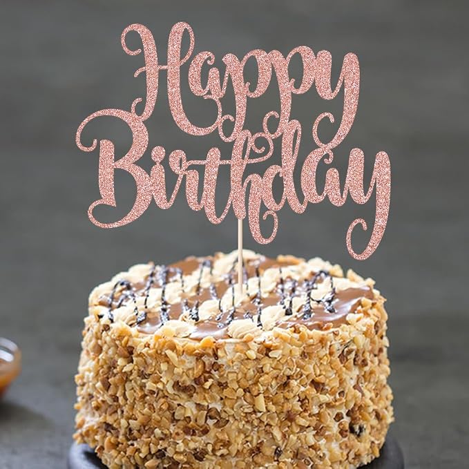 Happy Birthday Cake Topper- Glitter Happy Birthday Cake Decor, Handmade Anniversary/Birthday Party Supplies (Rose gold)
