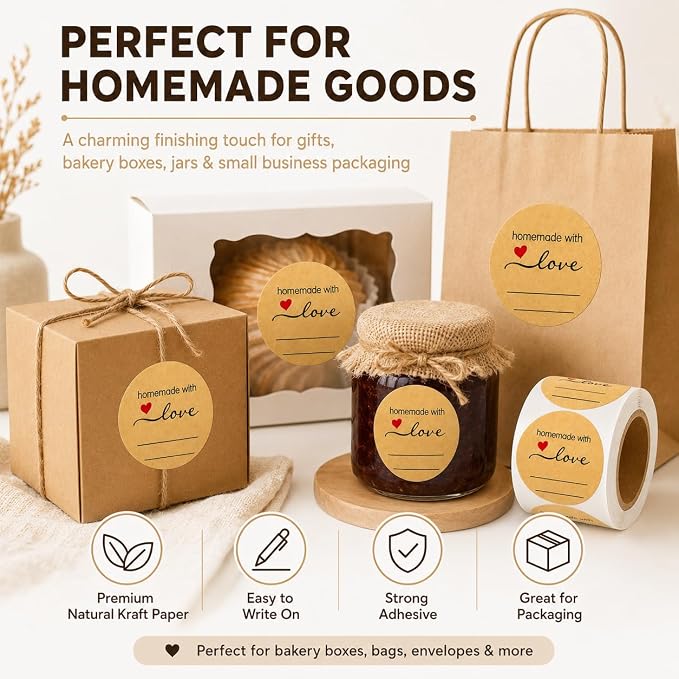 500 Kraft Canning Labels 2 Inch Round Sticker Labels, Homemade with Love Labels, Round Labels for Jars, Mason Jar Labels, Bakery Stickers, Candle Labels & Small Business Packaging