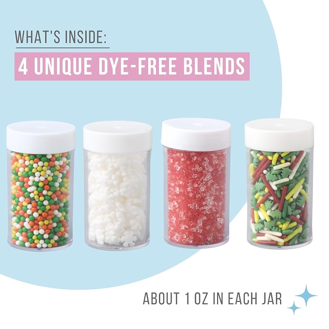 Sweets Indeed Sprinkles, 4 Pack, Edible Sprinkle Mix, Perfect for Cake Decorations, Baking, Ice Cream, Cookies, Cupcake Topper (Dye Free Holiday)