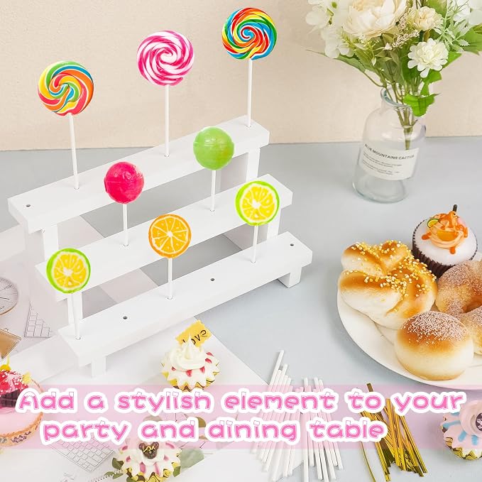 2Pcs Wood Cake Pop Stand, White Lollipop Holder 3 Tier with Twist Ties Lollipop Sticks, 17 Holes Sucker Display Riser for Dessert Table of Wedding Birthday Party