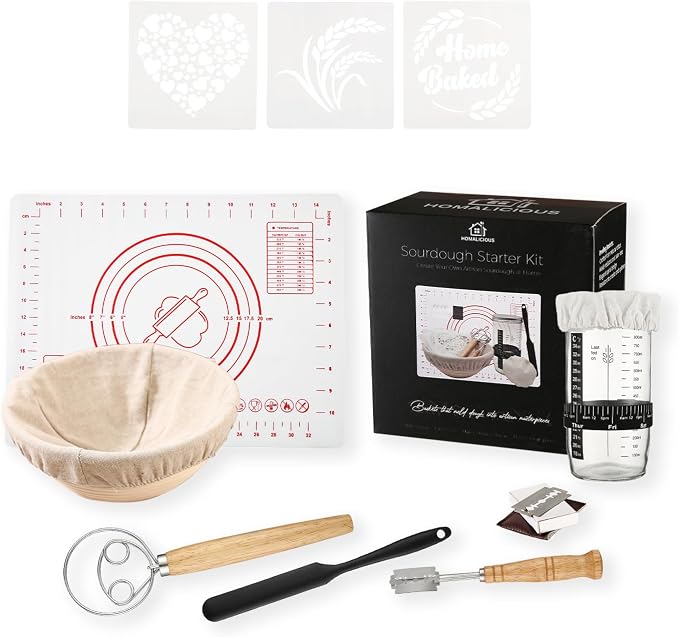 Sourdough Starter Kit | 34Oz Sourdough Bread Baking Supplies - Banneton Bread Proofing Basket, Sourdough kit Included 1x Bread Proofing Basket, Thermometer - Easy to Clean Banneton Basket