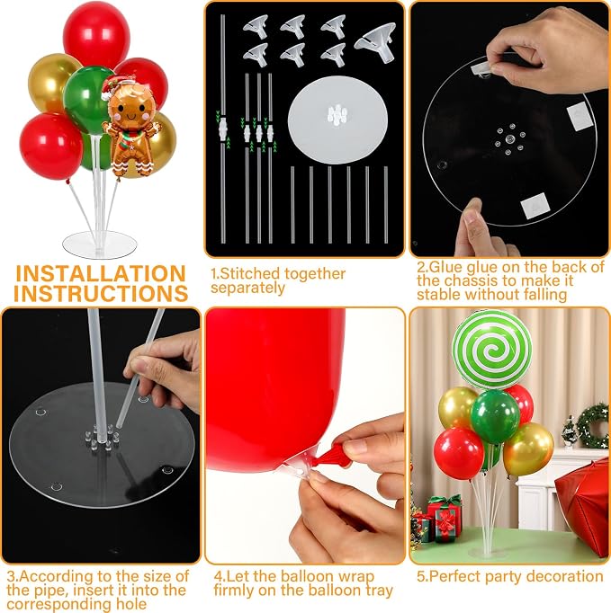 4 Sets Christmas Party Balloons Stand Kit with Gingerbread Man Candy Foil Balloons Party Balloon Centerpiece for Tables for Xmas Holiday Birthday Party Christmas Themed Decorations