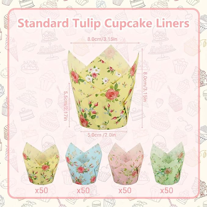 200 Pcs Floral Tulip Cupcake Liners for Baking, Color with Wildflowers | Standard Greaseproof Tulip Muffin Liners for Baking, 3oz Paper Cupcake Wrappers for Party Wedding Birthday