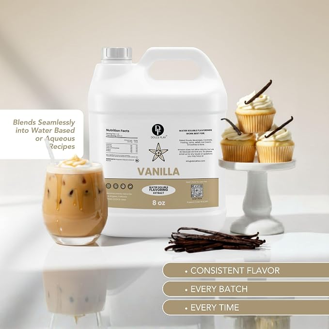 Dolce Flav Vanilla Extract 8 oz – Kosher, Sugar-Free, Concentrated Vanilla Flavoring for Baking, Cookies & Desserts, Includes Measured Dropper