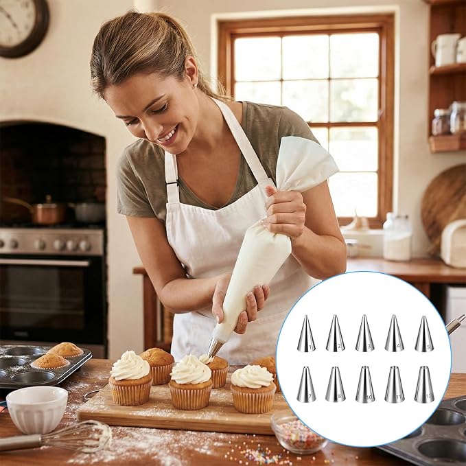 10 Pcs Round Piping Tips Set, Stainless Steel Icing Tips Cupcake Frosting Nozzles Small Cake Decorating Piping Tip Cake Writing Icing Tool Pastry Dispensers Supplies for Baking Cookies Puff Cream
