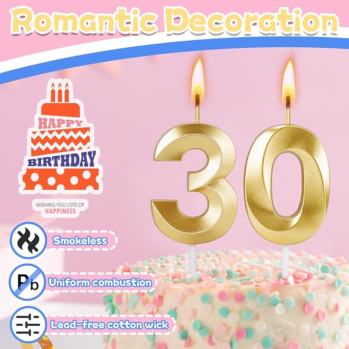 30th Birthday Candles for Cake,Gold Number Candles for Happy Birthday Cake Toppers,Birthday Decorations for Her Him Party Anniversary Wedding