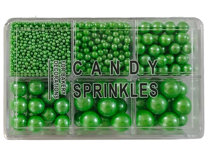 5 Sizes Edible Green Pearls Sugar Sprinkles 130g/4.6oz, 2,4,7,10,12mm Candy Pearl for Cake Decorating and Cupcake Toppers Cookie Decorations Ice Cream Topping Wedding Valentines Halloween Christmas