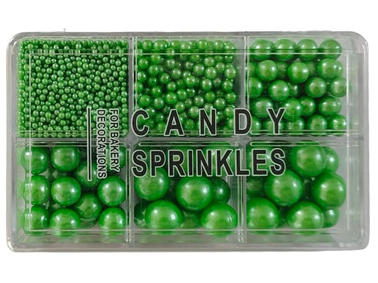 5 Sizes Edible Green Pearls Sugar Sprinkles 130g/4.6oz, 2,4,7,10,12mm Candy Pearl for Cake Decorating and Cupcake Toppers Cookie Decorations Ice Cream Topping Wedding Valentines Halloween Christmas