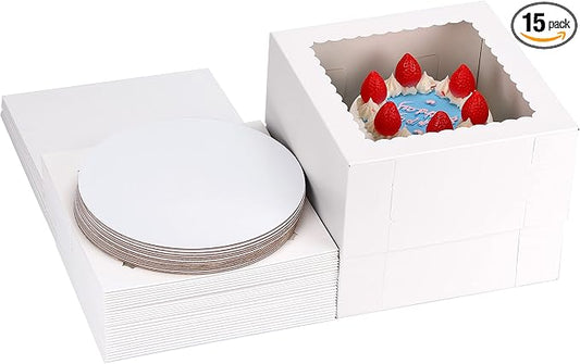 Moretoes 15 Sets Cake Boxes, 10x10x8 Inches Tall Bakery Boxes with Cake Boards, White Square Carrier with Window Cajas Pasteles for Cakes, Valentine's Day, Mother's Day