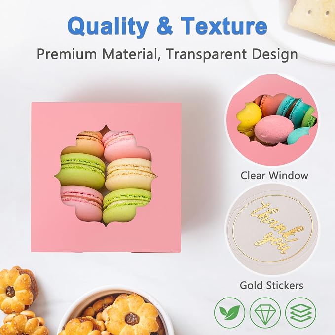 Shallive 4-Inch Small Cookie Boxes 50 Pcs Pink - Bakery Treat Boxes with Window for Barbie Favor To-go Containers for Cake Slice, Macarons, Donuts 4x4x2.5