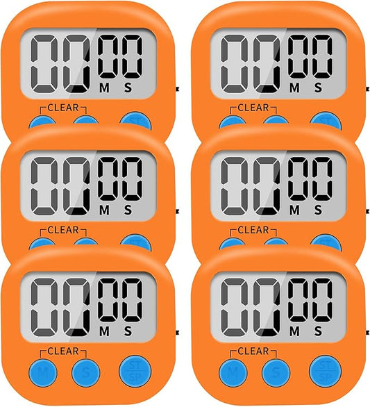 6 Pack Small Digital Kitchen Timer Magnetic Back and ON/Off Switch,Minute Second Count Up Countdown (Orange)