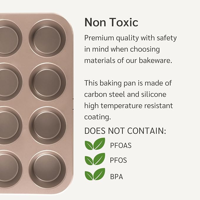 HAPPIELS 12-Cup Muffin Pan Nonstick, PFOA & BPA Free | Nontoxic Cupcake Tin | Best Non Stick Muffin Pans | Muffin tins | Cupcakes Tray | Carbon Steel Bakeware Mold Trays