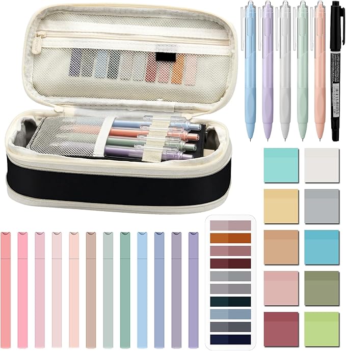 Jutom 39 Pcs Aesthetic Book Annotation Kit Highlighter with Case Bag Gel Pen Transparent Sticky Note Taking Bible Supplies(Black,Cute Style)