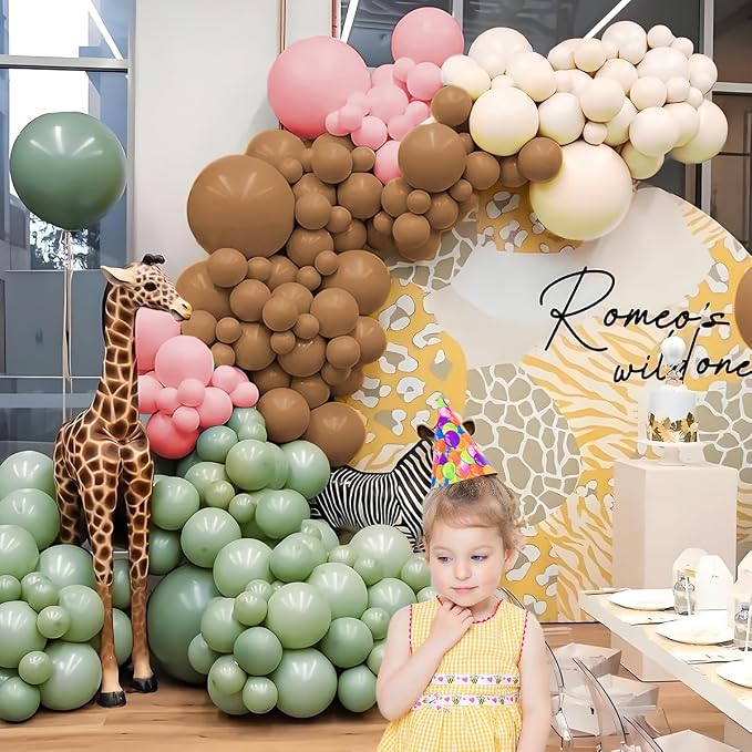 MEBAY Pink Green Brown White Balloon Garland Arch Kit, 166Pcs Blush Pink Pastel Green White Sand Tan Brown Boho Balloons for Baby Shower Birthday Wedding Safari Jungle Woodland Party Decorations