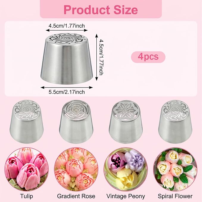 4 PCS Russian Piping Tips Set, Stainless Steel Extra Large Russian Piping Tip 3D Flower Tips for Cake Decorating, Flower Shaped Frosting Nozzle Kit for Wedding Birthday Cakes Cupcakes Cookies Baker
