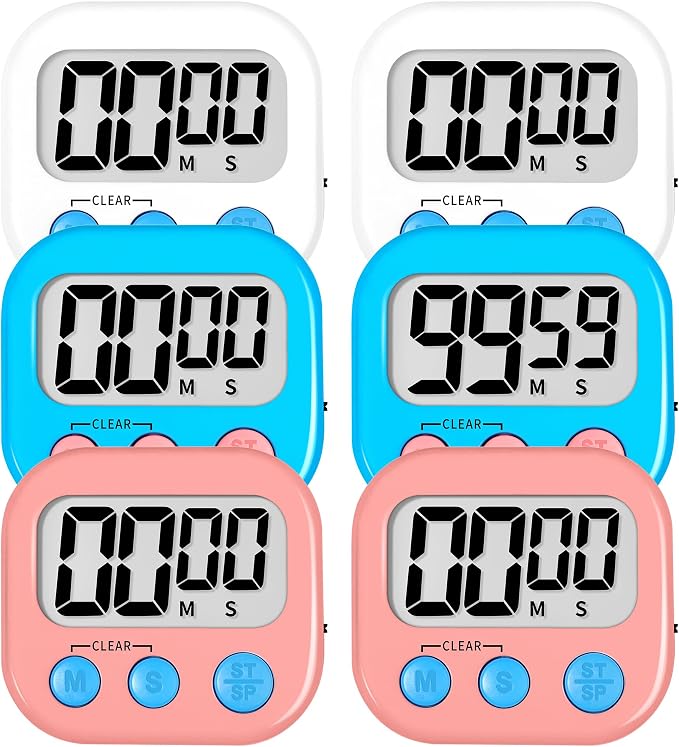 ZILLEEN 6 Pack Kitchen Timers for Cooking Digital Classroom Timers for Kids Teachers White Blue Pink