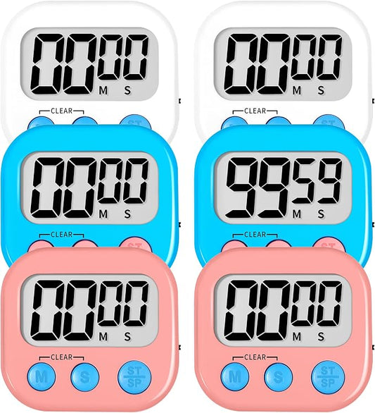 ZILLEEN 6 Pack Kitchen Timers for Cooking Digital Classroom Timers for Kids Teachers White Blue Pink