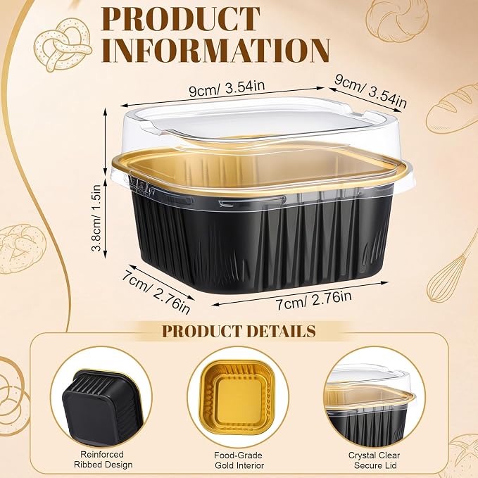 150 Pack 5 oz Black Gold Mini Cake Pans with Lid, Aluminum Foil Mini Baking Tins, Square Disposable Cupcake Baking Cup Dessert Container for Wedding Birthday Party Favors Picnic Supplies