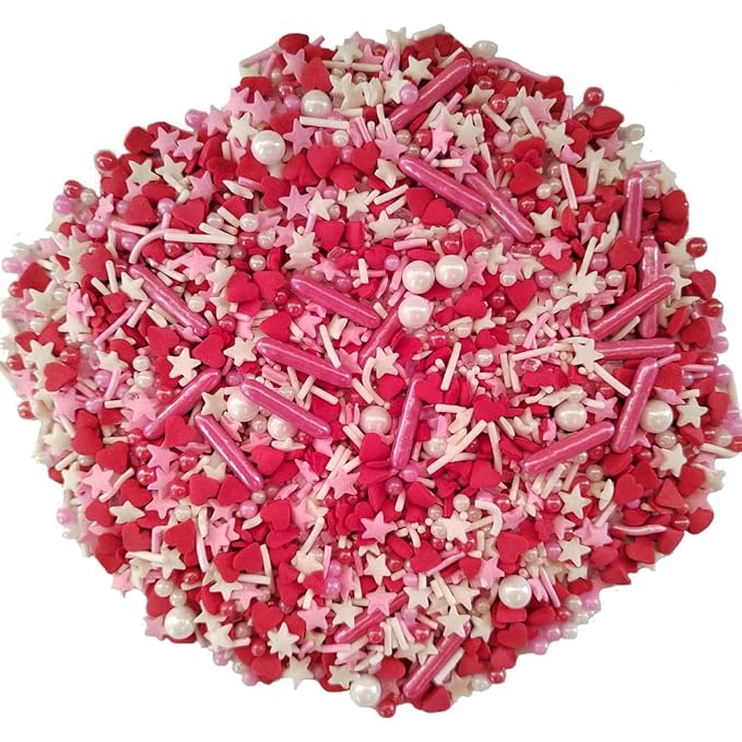 Edible Cake Cupcake Sprinkles for Baking, Heart, Stars and Sugar Pearl Sprinkle, Valentines Sprinkles Mix for Cookies, Ice Cream, Cake and Cupcake Decorating, 3.35 oz