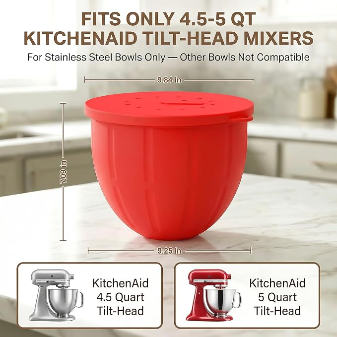 Silicone Liners for KitchenAid Mixers - Mixing Bowl Liners with Lid for 5 Qt Tilt-Head Stand Mixer, Kitchen Aid Accessories and Attachments with Measurement Markings & Timer Pointer, Red