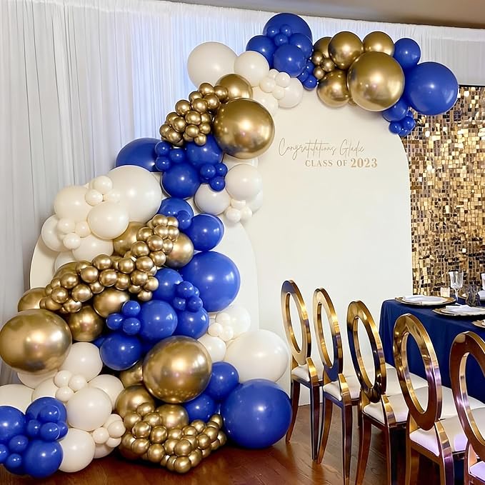Blue and Gold Balloons Garland Arch Kit 154pcs Royal Blue White Metallic Gold and Confetti for Graduation Birthday Wedding Party Decorations