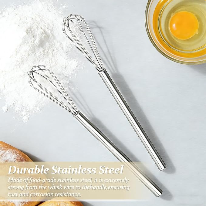 Stainless Steel Mini Whisk Set of 2 Long Handle Skinny Wire Whisk Kitchen Tool for Cooking Whisking Blending Beating Stirring Egg Sauce Coffee Prep Durable Compact Small Egg Beater