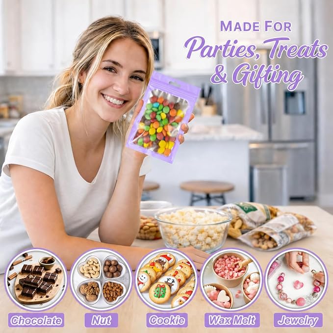 ANZNKU 100 Pack Lavender Purple Resealable Mylar Bags with Frosted Clear Window 3.14x5.11", Smell Proof Sealable Packaging Bags for Small Business, Foil Pouch Zip Goodie Bag for Candy Treat Jewelry