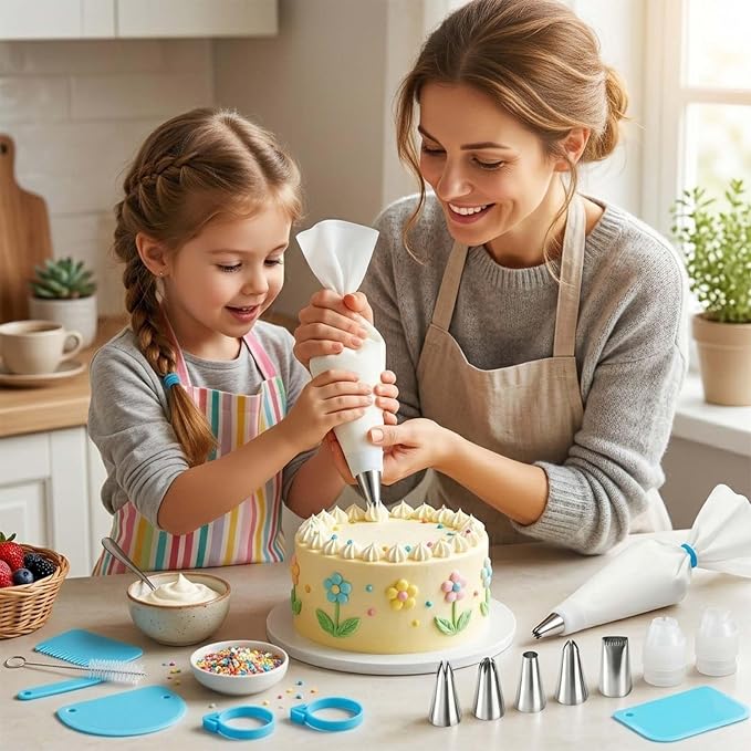 17 Piece Piping Bags and Tips Set, 2 Pack 16 Inch Reusable Cotton Pastry Bags with 7 Medium Icing Tips, 3 Scrapers, Couplers, Ties and Brush for Cakes, Cupcakes and Cookies