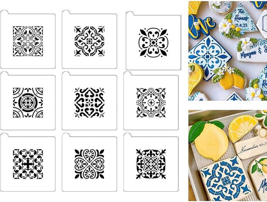 9PCS Scroll Tile Cookies Stencils for Baking, Royal Icing, Sugar Cookie, Cards Decorating Tools