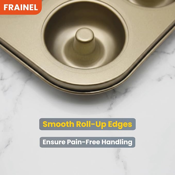 6-Cavity Donut Pan for Baking, Non-Stick Carbon Steel Doughnut Molds with 3 Unique Shapes (Petal, Swirl & Classic), Heavy-Duty Bagel & Mini Bundt Tray, Champagne Gold