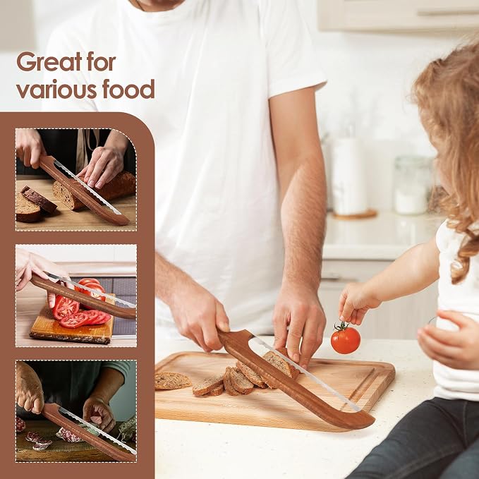 Bow Bread Knife for Homemade Sourdough, 15.7" Adjustable Stainless Steel Serrated Bread Slicer, Thickened Ergonomic Beech Wood Fiddle Bow Knife for Bagels, Baguettes and Cakes