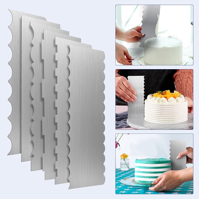 8.6 Inch Metal Cake Scraper, 6 Pack Double Sided Contour Patterned Edge Smoother, Stainless Steel Cake Decorating Comb Icing Leveler Tool for Buttercream Mousse Pastry Cake Border Decoration