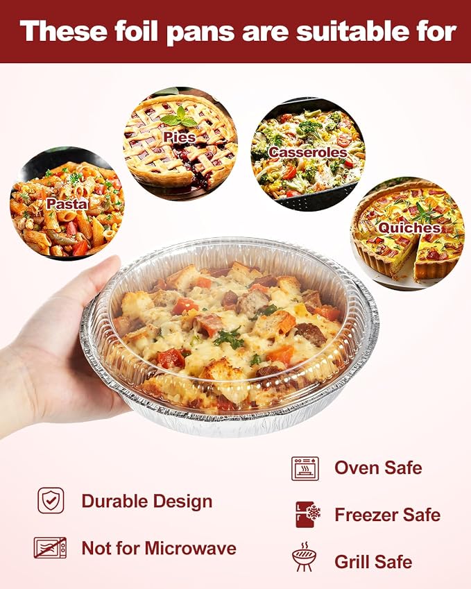 50 Pack 9 Inch Round Aluminum Pans with Plastic Clear Dome Lids - Disposable Tin Foil Pans, Food Containers for Cake Baking, Cooking, Reheating, Roasting, Storage