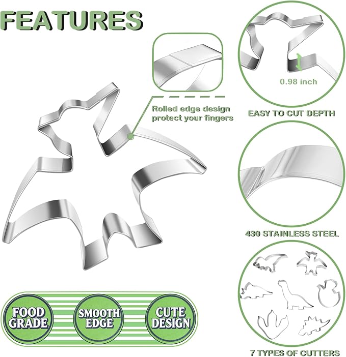 New Dinosaur Cookie Cutter Set - 7 Piece Stainless Steel Fun Dino Cookie Cutter for Kitchen, Baking, Dinosaur Birthday Party Supplies
