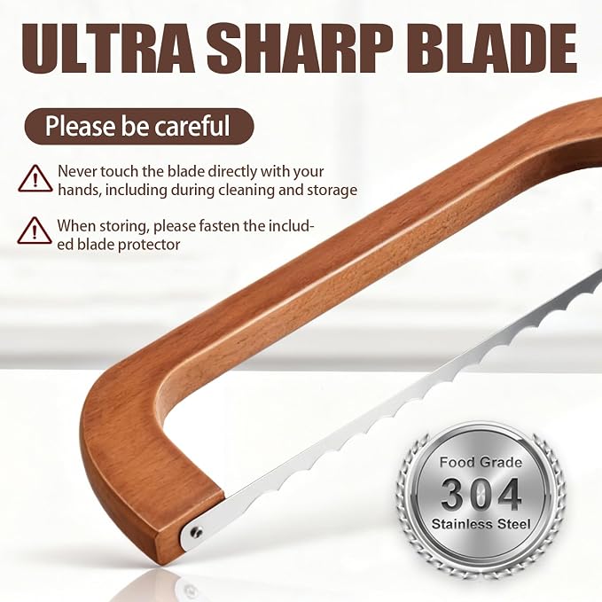 Bread Slicer for Homemade Bread - 15.7" Wooden Sourdough Bread Knife with Ultra-Sharp Serrated Stainless Steel Blade - Bread Knife for sourdough, Bagels, Baguettes, Loaves - Ambidextrous Design