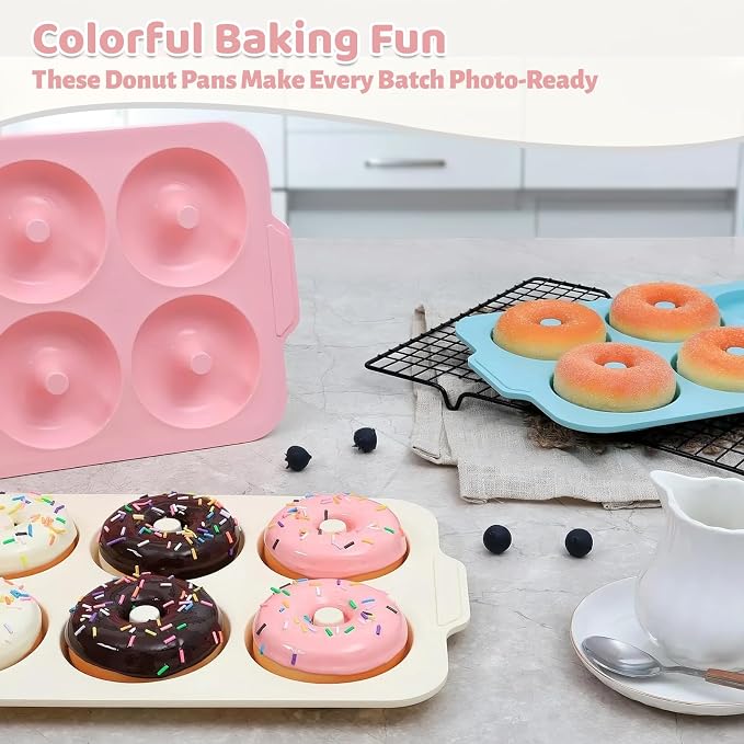 Nonstick Silicone Donut Pan: 4 Inch Large Donut Mold with Metal Frame - Bagel Doughnut Pan for Baking Gluten Free Glazed Vegan - for Oven Housewife Home Baker Baking Lovers (Pink & Beige)