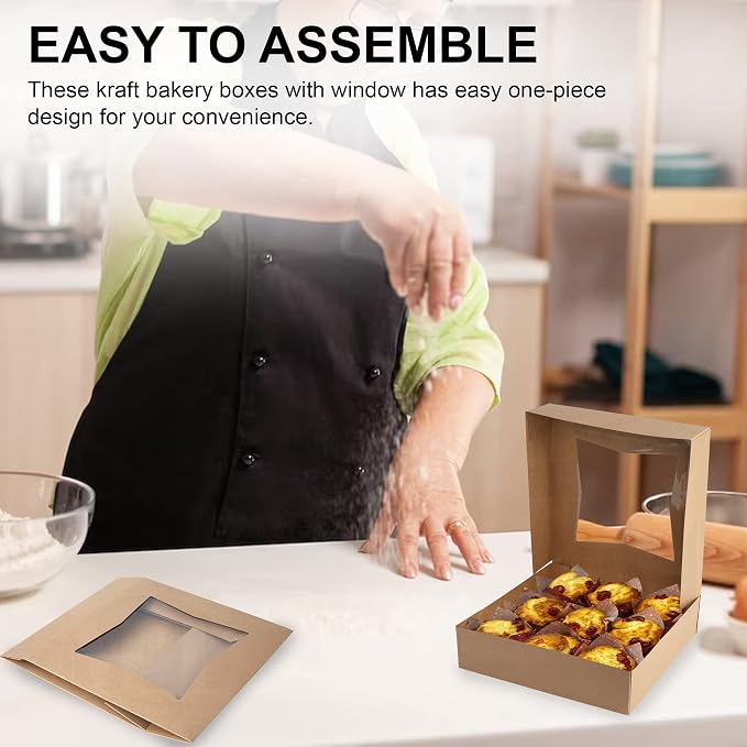 MT Products Kraft Cookie Box 8" x 8" x 2.5" - Auto Pop-Up Bakery Boxes with Window (Pack of 15) - Made in USA