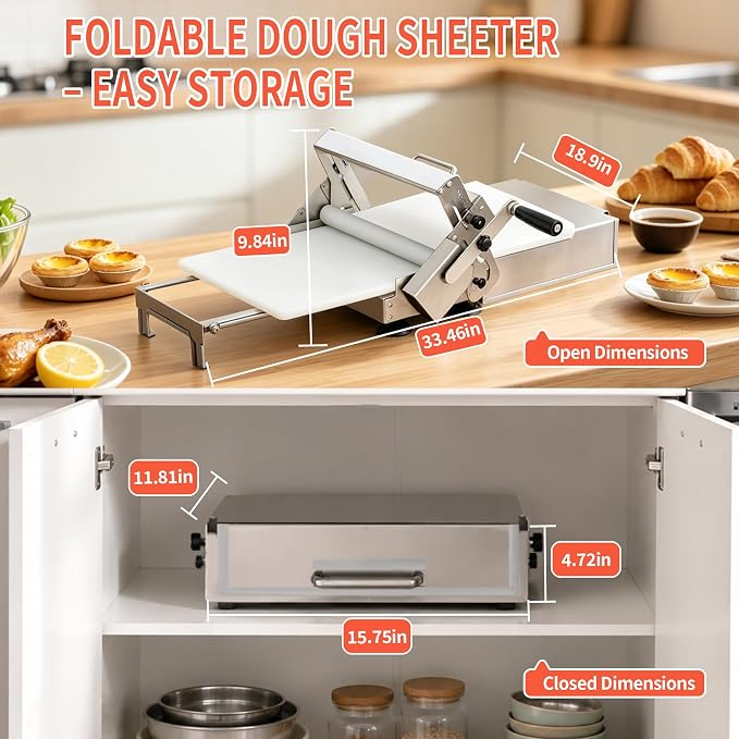 Dough Sheeter Machine (12") - Manual Folding Dough Roller Machine with 0-27 MM Adjustable Thickness Suitable for Home Easily Produce Puff Pastry Dough