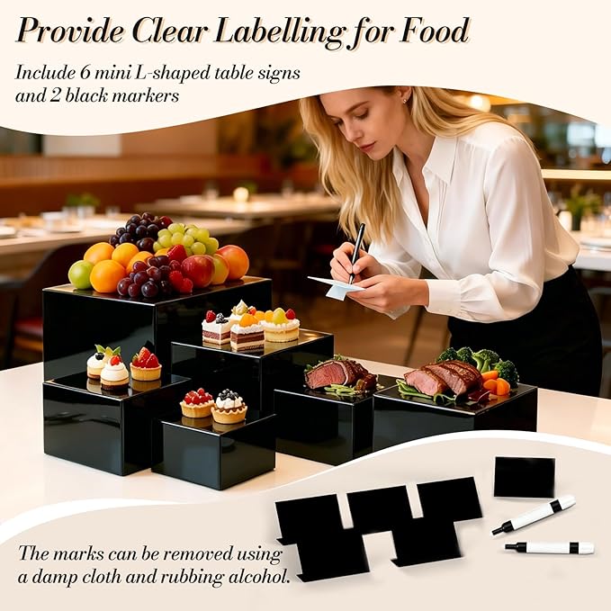 6 Pcs Buffet Risers with Mini Sign and Maker, Black Food Risers Display Stand for Buffet Table Party Catering Dessert Jewelry Collectibles, Nesting Cube Boxes with Hollow Bottoms (8",7",6",5",4",3")