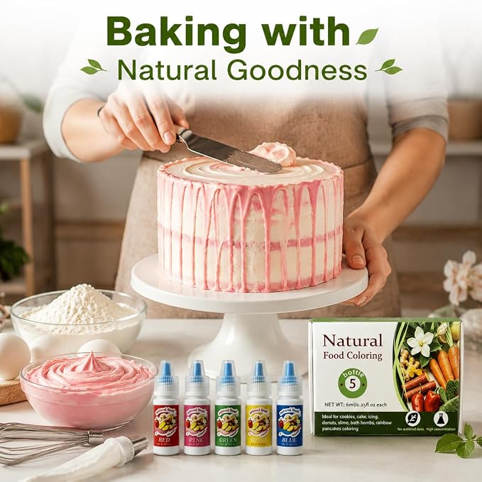 Natural Food Coloring Liquid Set – FD&C & Artificial Dye Free, 5 Color Edible Colorant for Baking, Cake Decorating, Frosting, Drinks, Crafts, Red/Pink/Green/Blue/Yellow, 6ml Each, Non-GMO, Gluten-Free