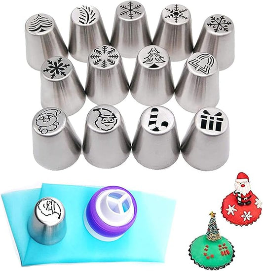 Christmas Russian Piping Tips, Hsxxf 15PCS Christmas Flower Frosting Tips Nozzles Stainless Steel Piping Tips Set Snowman Snowflake Christmas Tree Santa Claus Pattern for Christmas Decorating