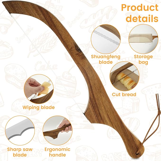 2 Pack Wooden Bread Bow Knife Set,Durable High Carbon Steel Cutting Blade,Multipurpose Slicer for Sourdough, Baguette,Cheese and Fruit,Comes with Screwdriver,Covers & Storage Pouches