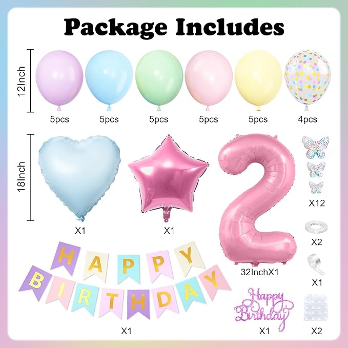 2nd Birthday Decoration for Girls,Easter Pastel Rainbow 2nd Balloon Number 2 Balloon Butterfly Stickers Star Heart Foil Balloons Banner for Baby 2 Year Old Party Decor
