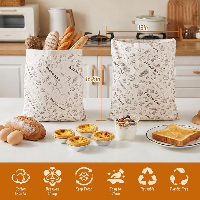 2-Pack Reusable Beeswax Bread Bags for Sourdough & HomemadeBread with Zipper, 16.5 x 13 inch bread bags for Food Storage