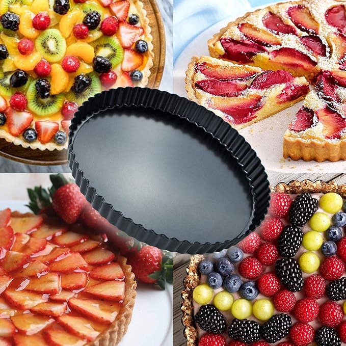 Webake 9 Inch Round Tart Pan with Removable Loose Bottom, Non-stick Carbon Steel Fluted Flan Quiche Pan Large Tart Tin