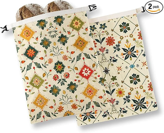 InnoBeta Beeswax Bread Bags for Sourdough & Homemade Bread, 2 Pack Reusable Cotton, 17"x13", Vintage Pattern