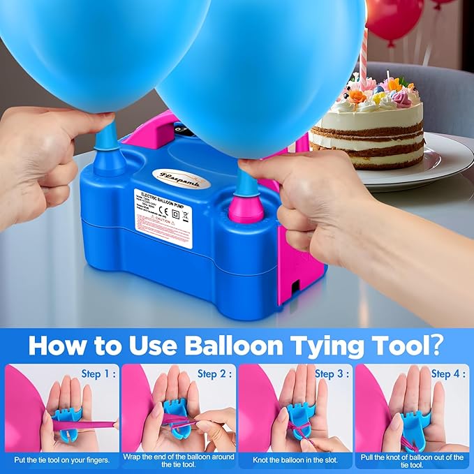FLSEPAMB Balloon Pump, Electric Balloon Pump, Portable Dual Nozzle 110V 600W Electric Balloon Blower, Balloon Pump for Party Decorations with Tying Tool, Colored Ribbons