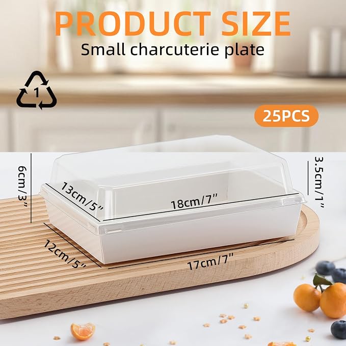 7x5x2.5 Charcuterie Boxes with Clear Lids, Large Disposable Bakery Dessert Boxes, Bakery Take Out Containers, To Go Food Containers for Chocolate, Sandwich, Cookie, Cupcake, Pastries (25, White)